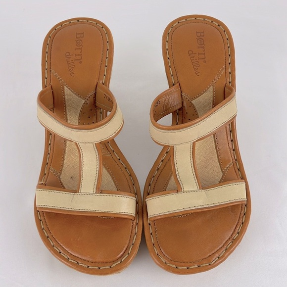 Women’s Born Drilles Cognac/Beige Leather H Strap Wedge Heel Sandals Size 7/38 - Picture 1 of 16